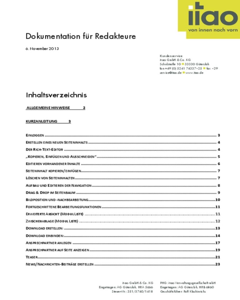 Inhaltsverzeichnis der Dokumentation für Redakteure