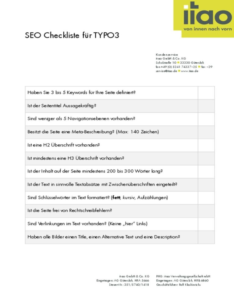 SEO Checkliste für TYPO3 in deutscher Sprache