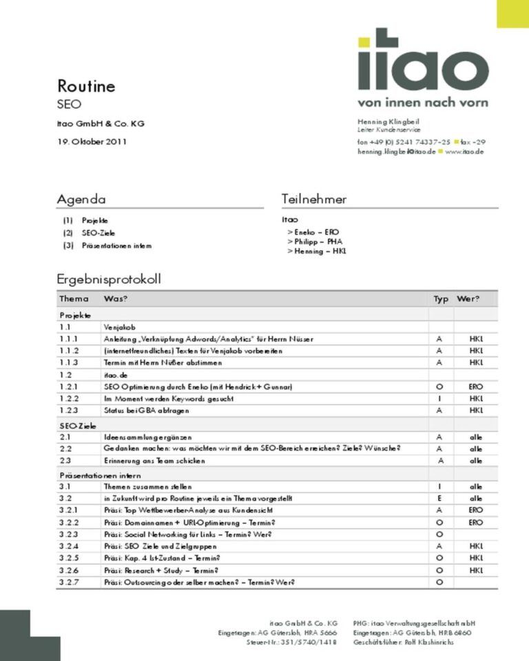 Protokoll eines SEO-Meetings von itao GmbH & Co. KG.