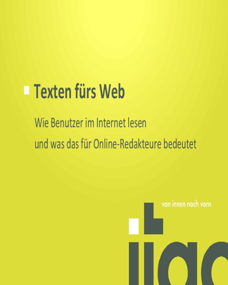 Ein Titelbild mit dem Text 'Texten fürs Web' auf einem gelben Hintergrund.