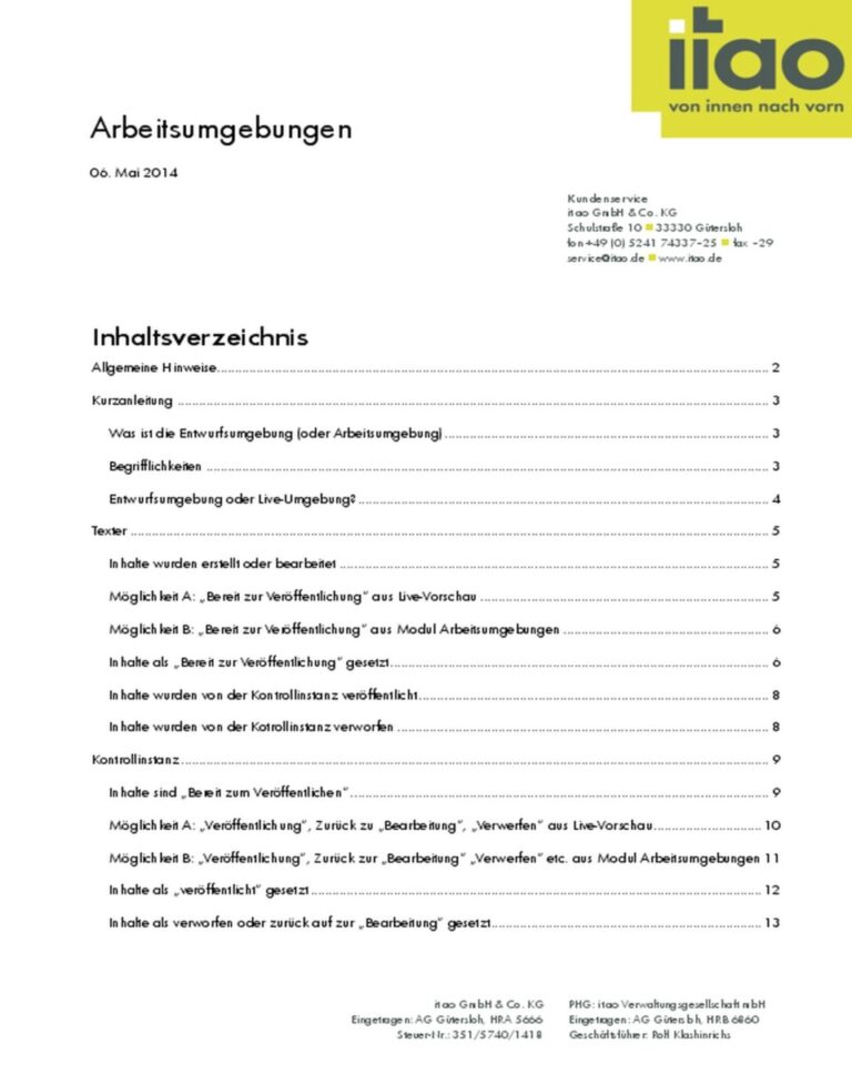 Inhaltsverzeichnis des Dokuments über Arbeitsumgebungen.
