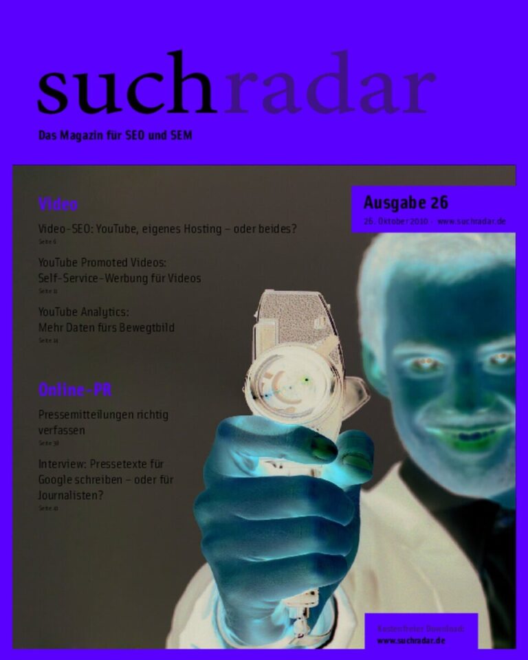 Cover des Suchradar Magazins mit einem stilisierten Bild eines Mannes, der eine Kamera hält.