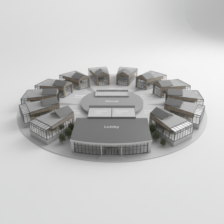 3D-Modell eines runden Veranstaltungszentrums mit verschiedenen Räumen und einem Lobbybereich.
