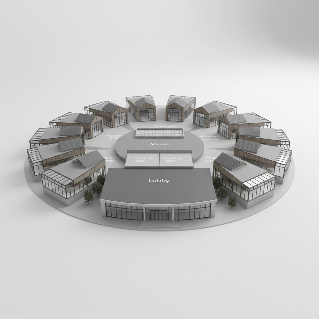 3D-Modell eines runden Veranstaltungszentrums mit verschiedenen Räumen und einem Lobbybereich.