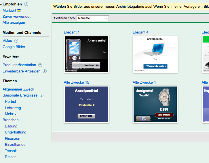 Screenshot des Anzeigenerstellungstools von AdWords